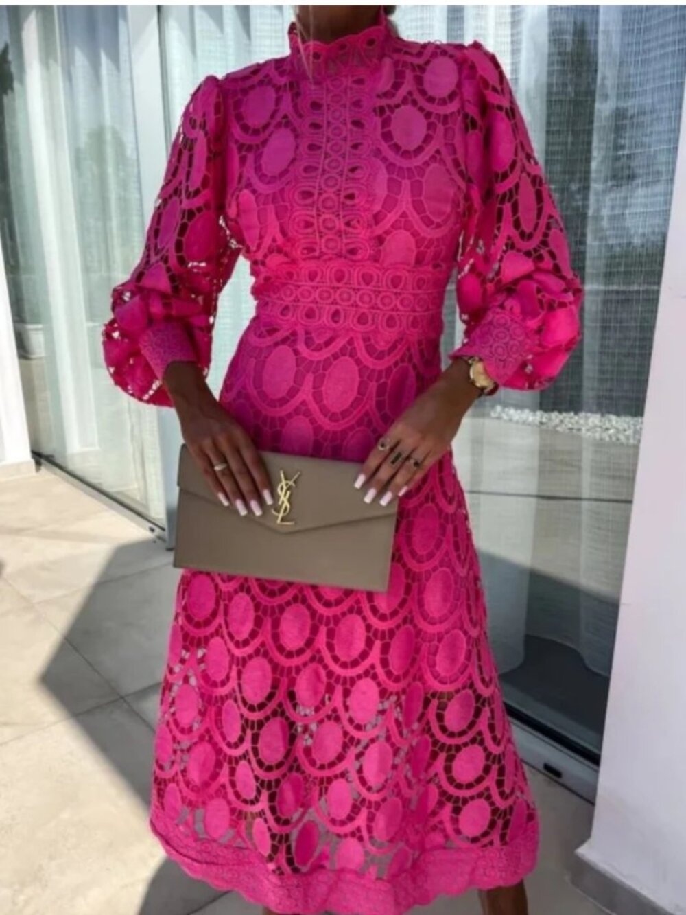 Pink Lace Midi Dress Size M-L - Picture 5 of 9